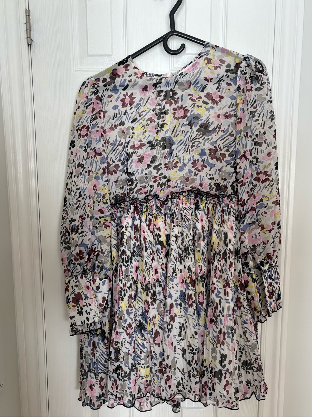GANNI Pleated Georgette Floral Mini Dress, Egret, size 40